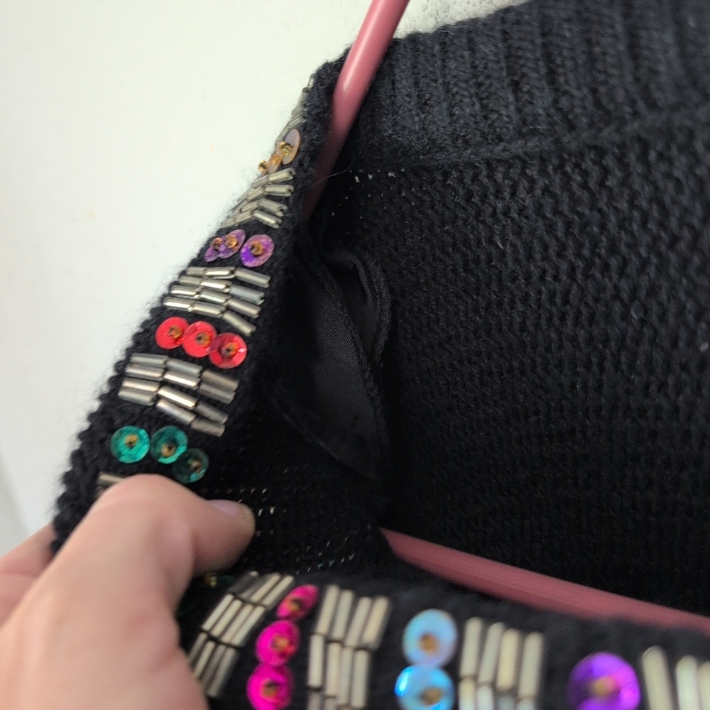 VTG Marnie West Sweater M Black Sequins Shoulder Pads Glam Indie Whimsy Granny - Picture 10 of 11